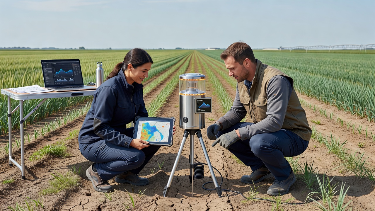 Technician reviewing radar scan results from a lantern unit to map underground water for farm irrigation layout