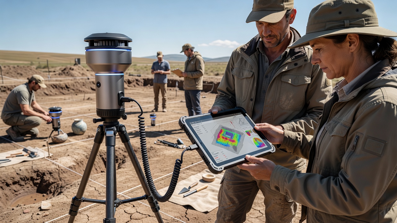 Archaeological team using lantern radar units to scan a trench floor at dusk